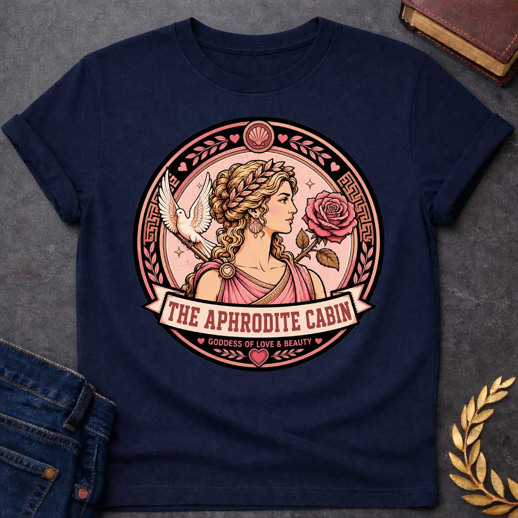 Navy t-shirt with a Aphrodite Greek mythology cabin design featuring the goddess of love and beauty in a pink robe and laurel crown, surrounded by a rose, white dove, hearts, seashells, and Greek key details. Circular pink and black emblem includes the text “The Aphrodite Cabin” and “Goddess of Love & Beauty,”