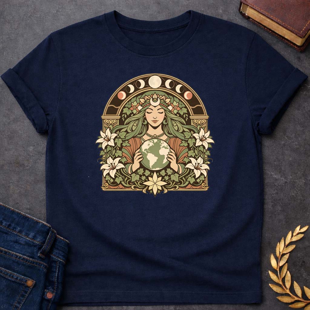 gaia earth goddess greek mythology adult shirt featuring detailed Greek mythology artwork, symbolic design, and bold graphic style