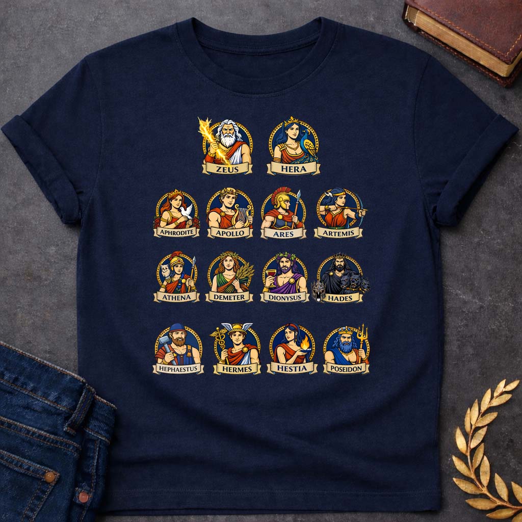 the olympians portraits greek mythology adult t shirt featuring detailed Greek mythology artwork, symbolic design, and bold graphic style