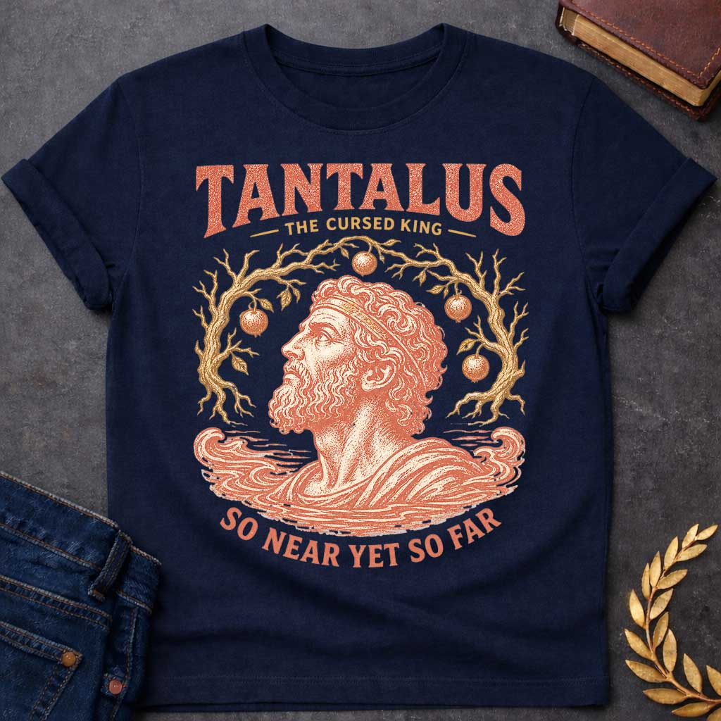 Navy t-shirt with a Vintage Tantalus Greek mythology design featuring the cursed king surrounded by unreachable fruit trees and rising water. Distressed terracotta and gold artwork includes the text “Tantalus,” “The Cursed King,” and “So Near Yet So Far,” representing his eternal punishment of endless hunger, thirst, and temptation.