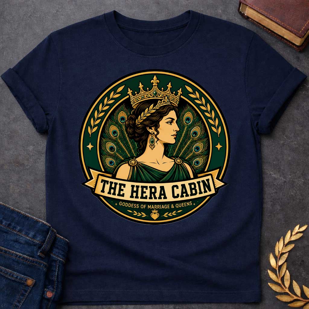 Navy t-shirt with a Hera Greek mythology cabin design featuring the queen of the gods wearing an ornate golden crown and laurel accents, surrounded by elegant peacock feathers and decorative branches. Rich emerald green, gold, and black circular camp-style emblem includes the text “The Hera Cabin” and “Goddess of Marriage & Queens”