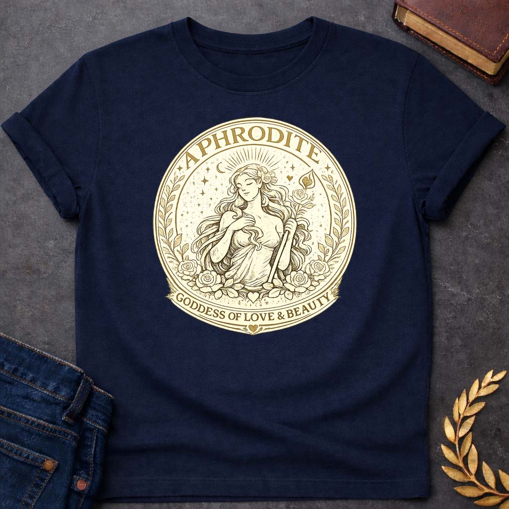 aphrodite goddess of love beauty greek mythology youth heavy cotton™ tee featuring detailed Greek mythology artwork, symbolic design, and bold graphic style
