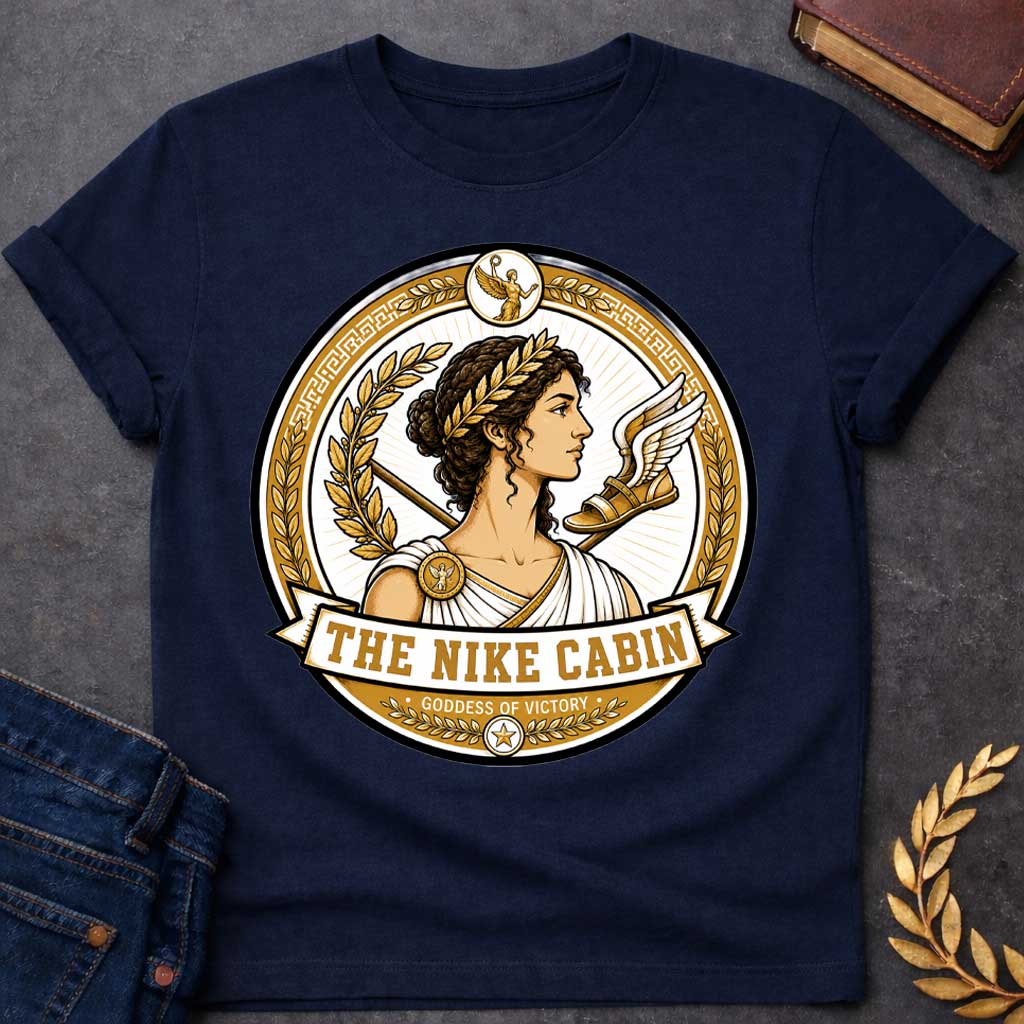 Navy t-shirt with a Nike Greek mythology cabin design featuring the goddess of victory in a detailed gold and white circular emblem. Nike wears a laurel crown and classical robes, surrounded by golden laurel branches, a spear, winged sandal, Greek key patterns, and victory symbols. Text reads “The Nike Cabin” and “Goddess of Victory,”