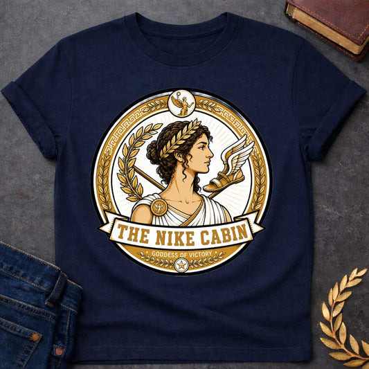 Navy t-shirt with a Nike Greek mythology cabin design featuring the goddess of victory in a detailed gold and white circular emblem. Nike wears a laurel crown and classical robes, surrounded by golden laurel branches, a spear, winged sandal, Greek key patterns, and victory symbols. Text reads “The Nike Cabin” and “Goddess of Victory,”