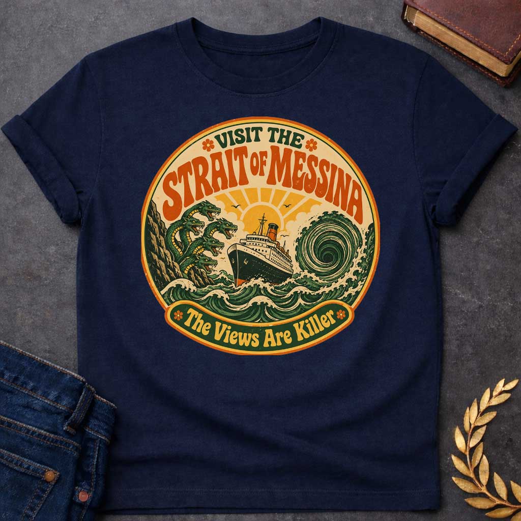 Navy t-shirt with A retro 70s travel-poster style design.  Inside a circular badge with a warm sunset, a vintage ocean liner sails between six-headed serpent Scylla and a swirling green whirlpool. Arched bold orange text reads "VISIT THE STRAIT OF MESSINA" at the top, while a bottom banner reads "The Views Are Killer" flanked by small flower icons in a distressed groovy aesthetic.