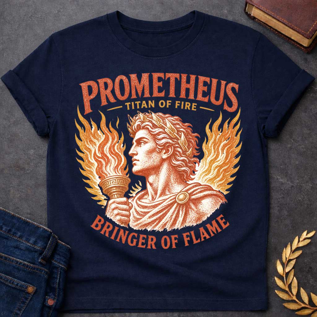 Navy t-shirt with a Vintage Prometheus Greek mythology design featuring the Titan of fire holding a flaming torch, framed by dramatic flames and a laurel crown. Distressed terracotta and gold artwork includes the bold text “Prometheus,” “Titan of Fire,” and “Bringer of Flame,” celebrating the legendary figure who brought fire to humanity.