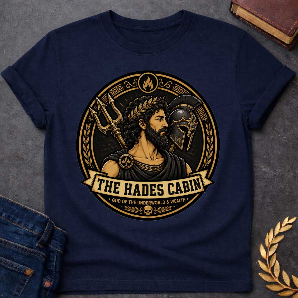 Navy t-shirt with a Hades Greek mythology cabin design featuring the bearded god of the Underworld wearing a laurel crown, surrounded by a golden bident, warrior helmet, flames, Greek key patterns, and a skull. Black and gold circular emblem includes the text “The Hades Cabin” and “God of the Underworld & Wealth,”
