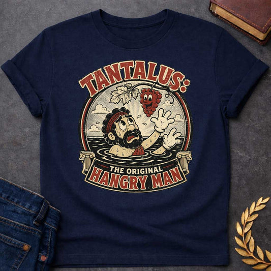 Navy t-shirt with A vintage 1930s rubber-hose cartoon-style graphic. Inside a circular badge flanked by Greek columns, a distressed Tantalus stands in water reaching desperately toward a smiling cartoon grape cluster dangling above him. Arched text across the top reads "TANTALUS:" while a bottom banner features "THE ORIGINAL HANGRY MAN" in a distressed red and cream color palette.