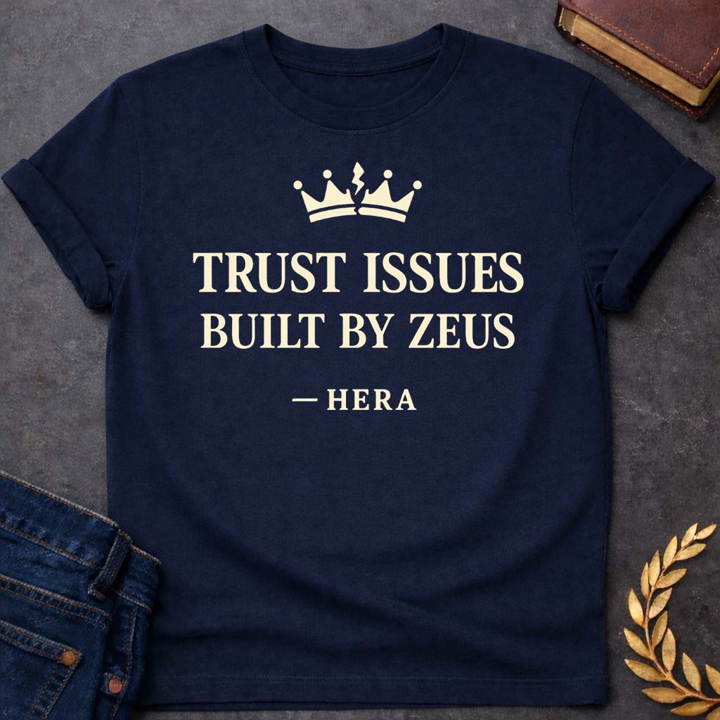 Hera Trust Issues Built By Zeus Greek Mythology Youth T-Shirt featuring lightning bolt, sky god power symbolism in bold Greek mythology design
