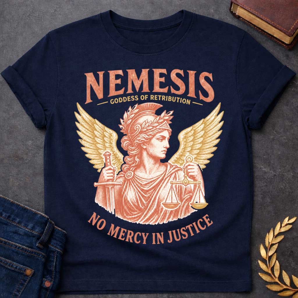 Navy t-shirt with a Vintage Nemesis Greek mythology design featuring the goddess of retribution in a classical helmet and laurel crown, holding a sword and scales of justice. Large golden wings frame the distressed terracotta portrait. Text reads “Nemesis,” “Goddess of Retribution,” and “No Mercy in Justice.”
