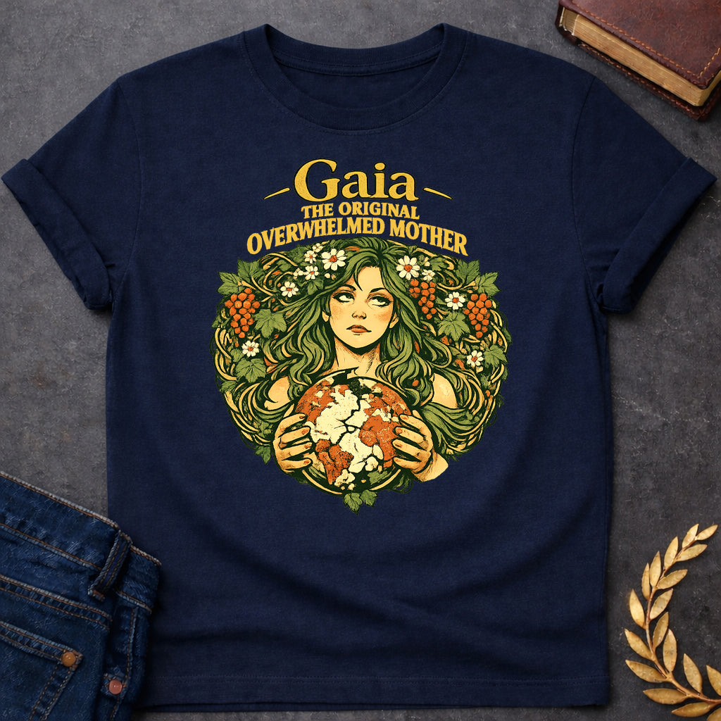 Gaia Overwhelmed Mother Greek Mythology Adult Shirt featuring detailed Greek mythology artwork, symbolic design, and bold graphic style