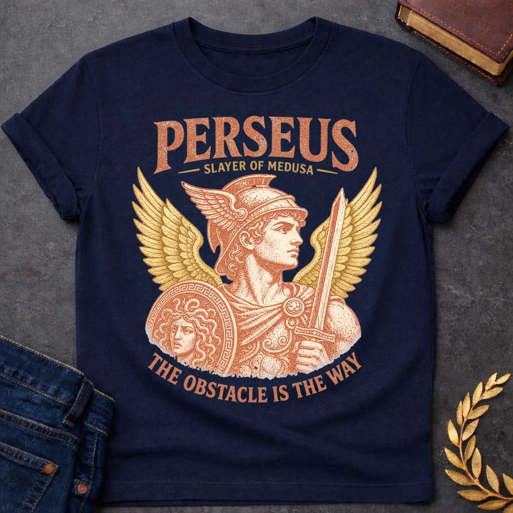 Navy t-shirt with a Vintage Perseus Greek mythology design featuring the heroic slayer of Medusa wearing a winged helmet and holding a sword and shield decorated with Medusa’s head. Golden wings frame the distressed terracotta illustration with the text “Perseus,” “Slayer of Medusa,” and “The Obstacle Is the Way.”