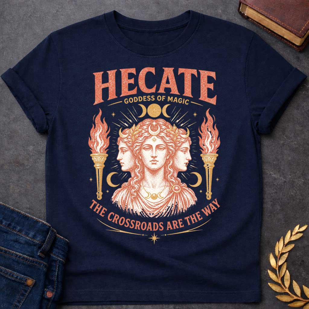 Navy t-shirt with a Vintage Hecate Greek mythology shirt featuring the triple-formed Goddess of Magic surrounded by crescent moons, stars, radiant celestial details, and flaming torches. Distressed coral and gold artwork includes the bold text “Hecate Goddess of Magic” and “The Crossroads Are the Way,” inspired by her connection to magic and crossroads.