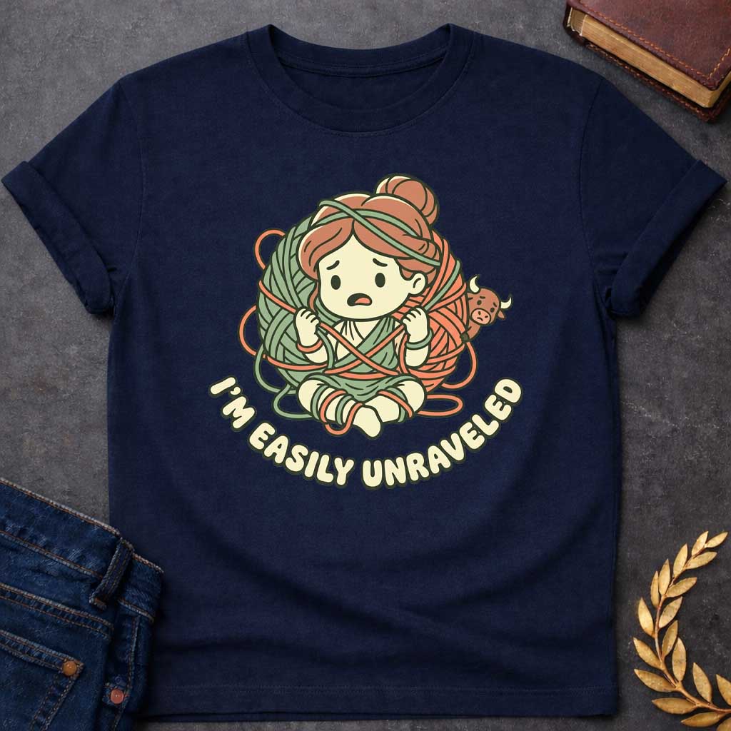 Navy T-shirt with A cute chibi-style t-shirt graphic. A worried cartoon Ariadne sits tangled inside a giant ball of green and orange yarn, while a tiny, peekaboo Minotaur looks on from behind. Below the illustration, the punny tagline "I'M EASILY UNRAVELED" arcs gracefully in a bubbly, retro font. The design features a charming pastel color palette of muted sage green, terracotta orange, and cream.
