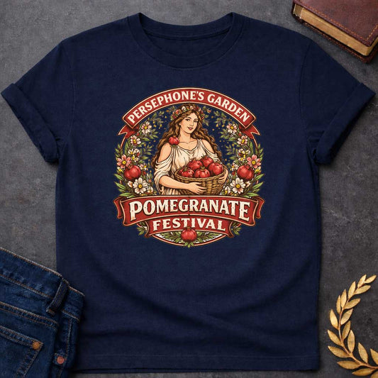 Persephone Garden Pomegranate Festival Greek Mythology Youth Shirt featuring pomegranate, underworld queen symbolism in dark floral mythology design