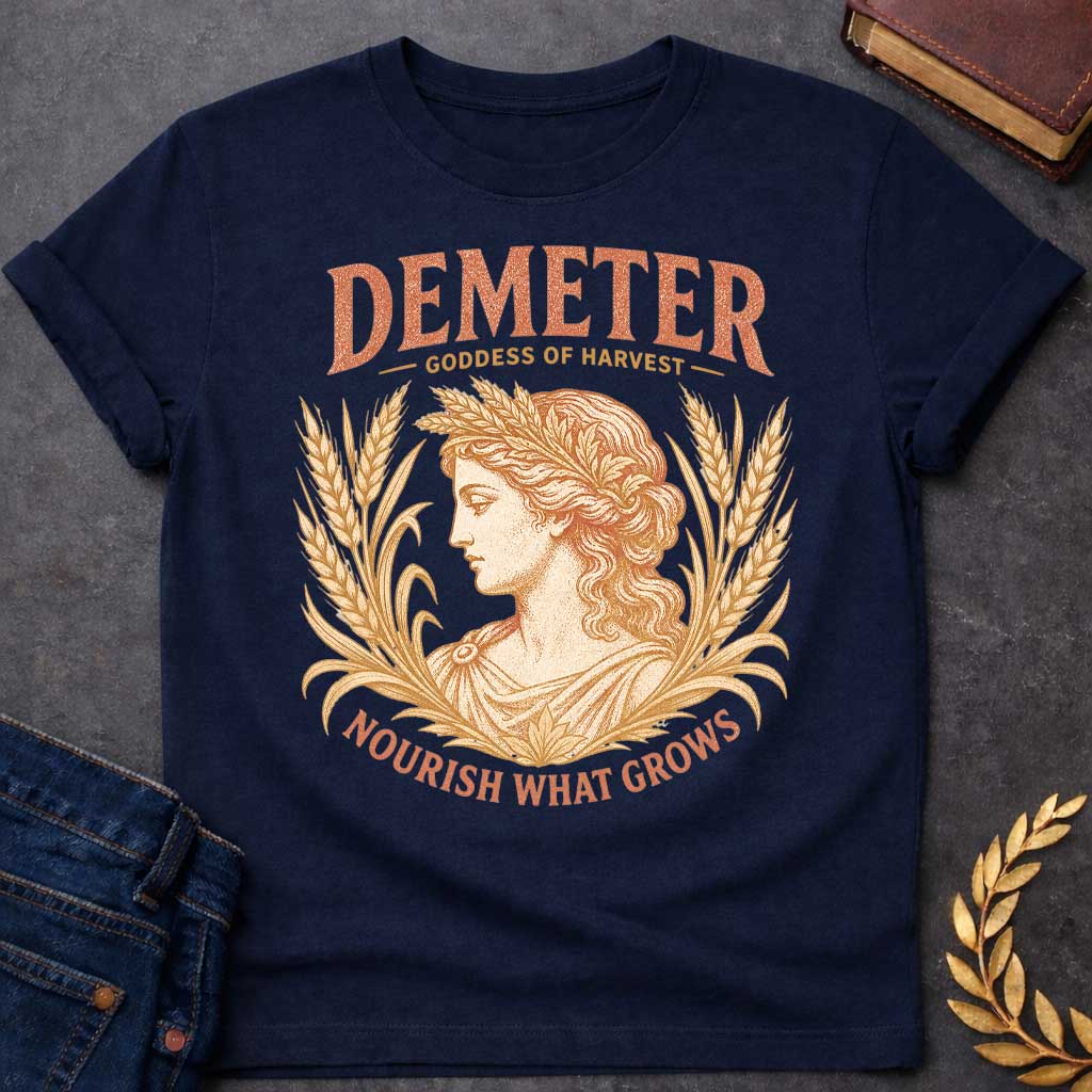 Navy t-shirt with a Vintage Greek mythology design featuring Demeter, goddess of harvest, framed by golden wheat and grain. Distressed coral and gold artwork shows the goddess wearing a wheat crown with the text “Demeter Goddess of Harvest” and “Nourish What Grows,” celebrating nature, agriculture, and abundance.