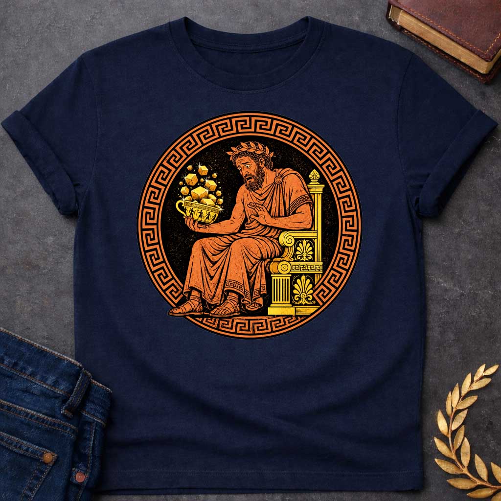 Navy t-shirt with A Vintage Greek pottery-inspired design featuring King Midas seated on an ornate throne, looking anxiously at a golden cup overflowing with sparkling gold bars. Framed by a classic Greek key border, the artwork uses traditional terracotta, black, and gold colors to depict the legendary king's cursed golden touch in an ancient Greek vase painting style.