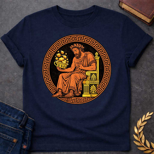 Navy t-shirt with A Vintage Greek pottery-inspired design featuring King Midas seated on an ornate throne, looking anxiously at a golden cup overflowing with sparkling gold bars. Framed by a classic Greek key border, the artwork uses traditional terracotta, black, and gold colors to depict the legendary king's cursed golden touch in an ancient Greek vase painting style.