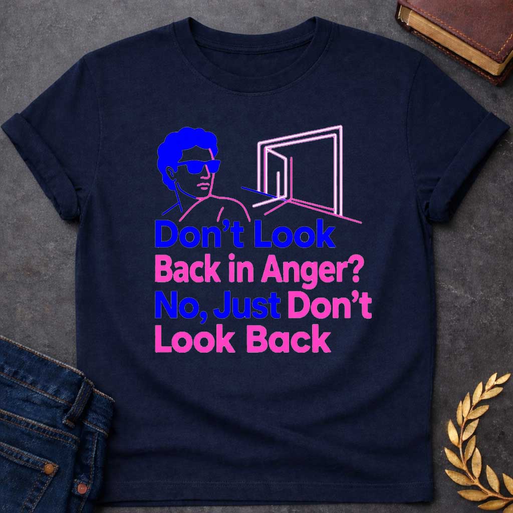 Navy t-shirt in bold retro pop-art line style: a blue-outlined man in sunglasses (Orpheus-inspired) faces away from a glowing pink doorway. Large stacked text below alternates between blue and pink lettering
