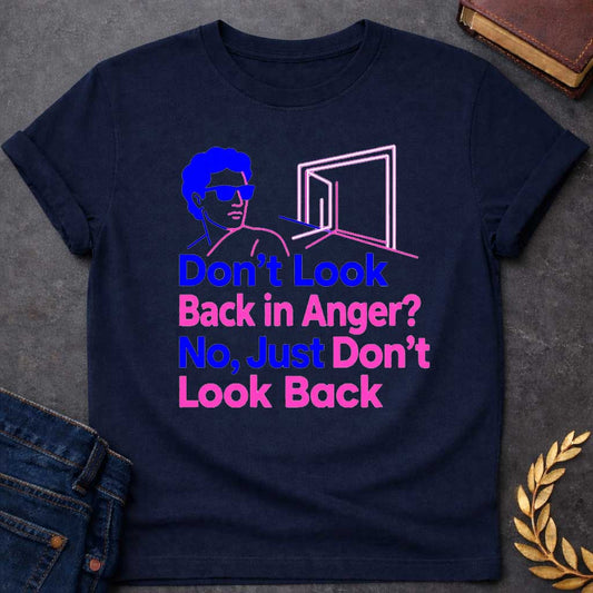 Navy t-shirt in bold retro pop-art line style: a blue-outlined man in sunglasses (Orpheus-inspired) faces away from a glowing pink doorway. Large stacked text below alternates between blue and pink lettering