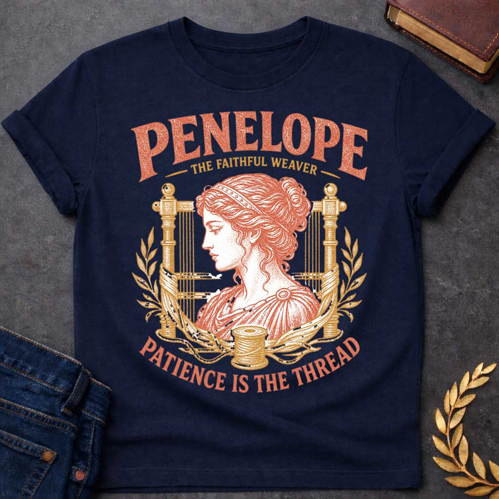 Navy t-shirt with a Vintage Penelope Greek mythology design featuring the faithful weaver in profile, framed by an ancient loom, laurel branches, flowing thread, and a spool. Distressed terracotta and gold artwork includes the text “Penelope,” “The Faithful Weaver,” and “Patience Is the Thread,” inspired by her loyalty and perseverance in The Odyssey.