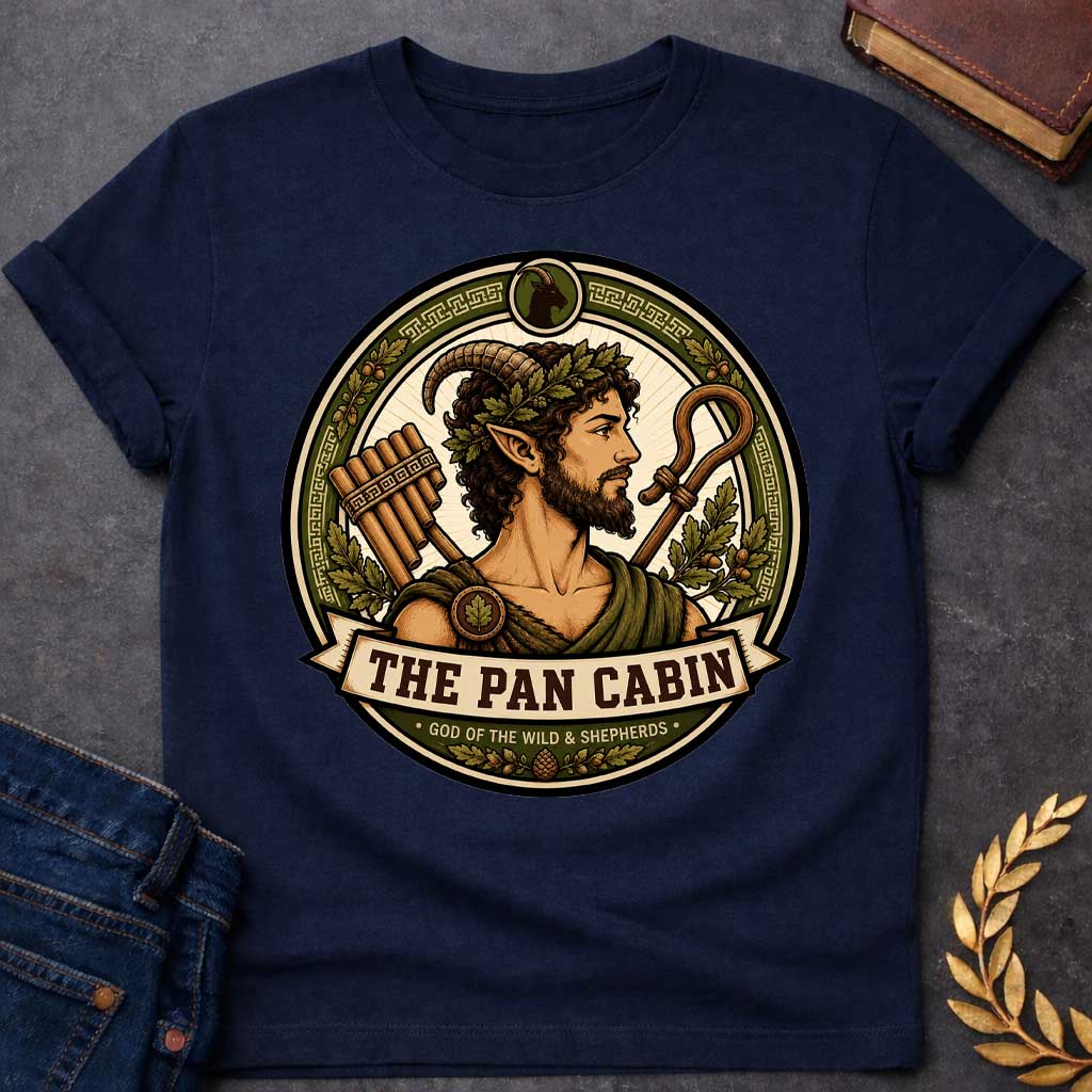 Navy t-shirt with a Pan Greek mythology cabin design featuring the god of the wild and shepherds with curved goat horns, pointed ears, leafy crown, and rustic robes. Surrounded by panpipes, a shepherd’s crook, oak leaves, acorns, and Greek key details in an earthy green and gold circular emblem. Text reads “The Pan Cabin” and “God of the Wild & Shepherds,”