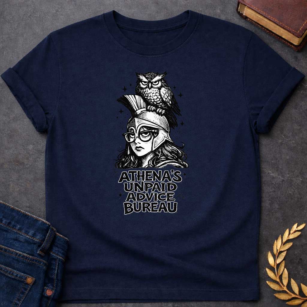 Navy T-shirt graphic in black and white ink style featuring Athena wearing a Corinthian helmet and round glasses, with a stern-looking owl perched on top of her helmet. Bold chunky text below reads "Athena's Unpaid Advice Bureau," with small sparkle details scattered throughout the background