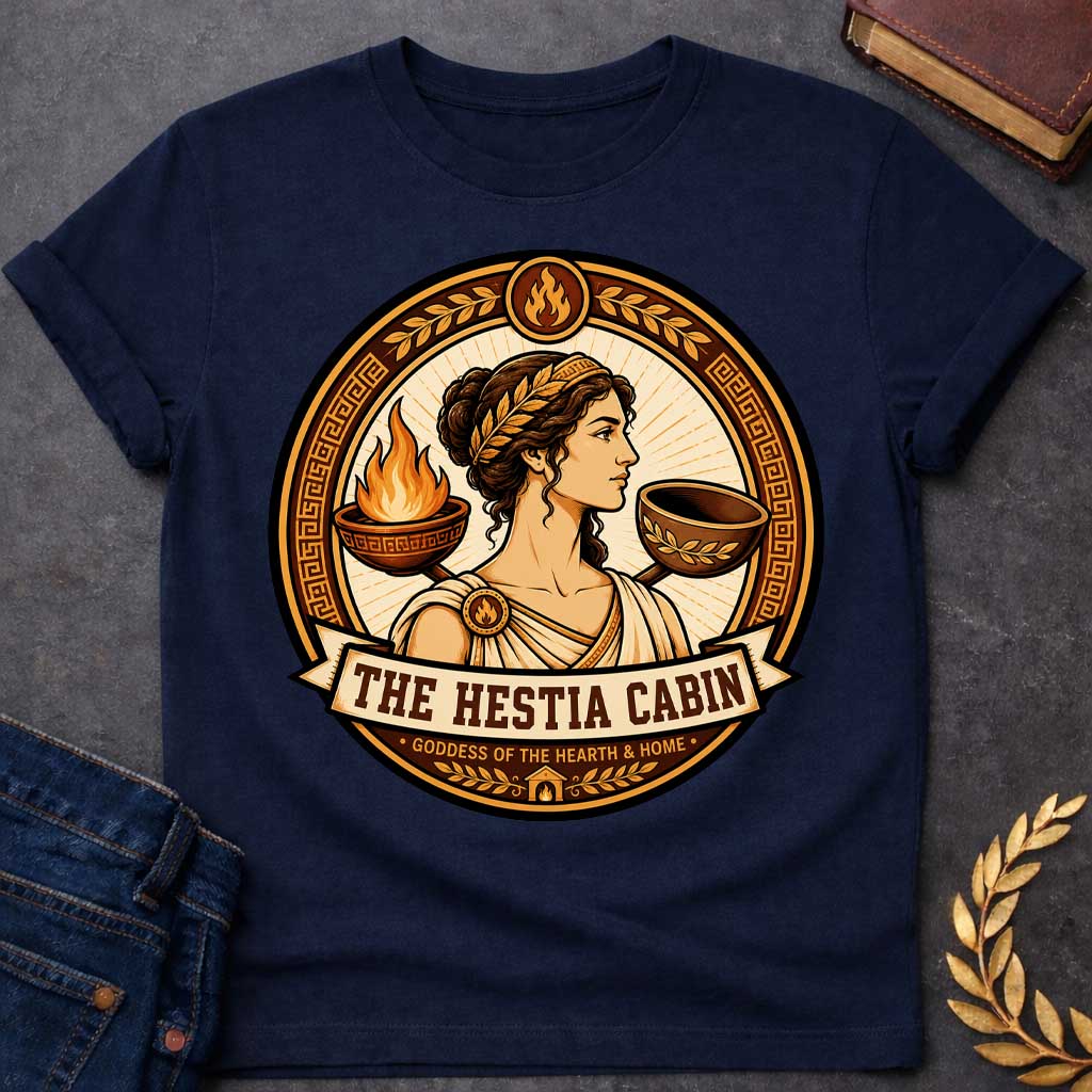 Navy t-shirt with a Hestia Greek mythology cabin design featuring the goddess of the hearth and home wearing a laurel crown and classical robes, framed by a burning hearth bowl, ceremonial vessel, flame symbols, laurel leaves, and Greek key patterns. Warm gold and brown circular emblem includes the text “The Hestia Cabin” and “Goddess of the Hearth & Home,”
