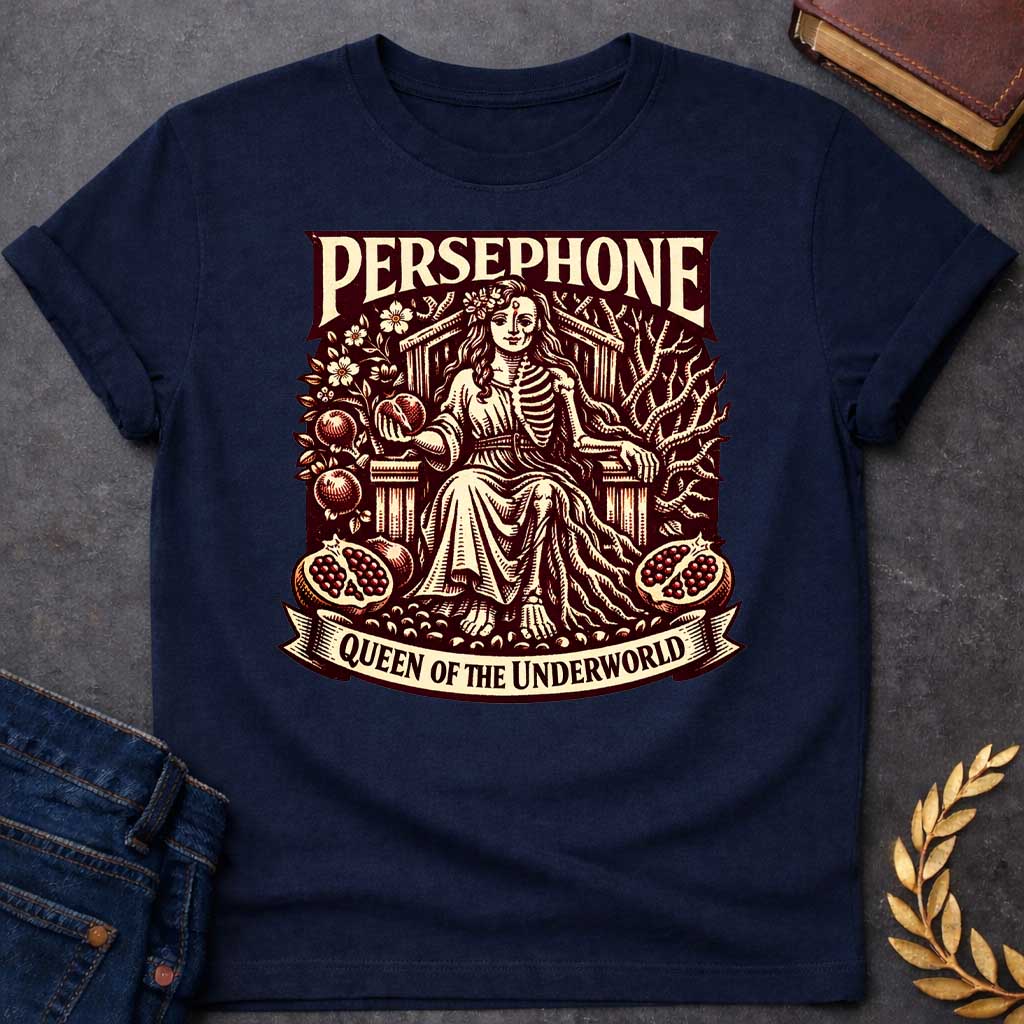 Persephone Queen of the Underworld Greek Mythology Youth Shirt featuring pomegranate, underworld queen symbolism in dark floral mythology design