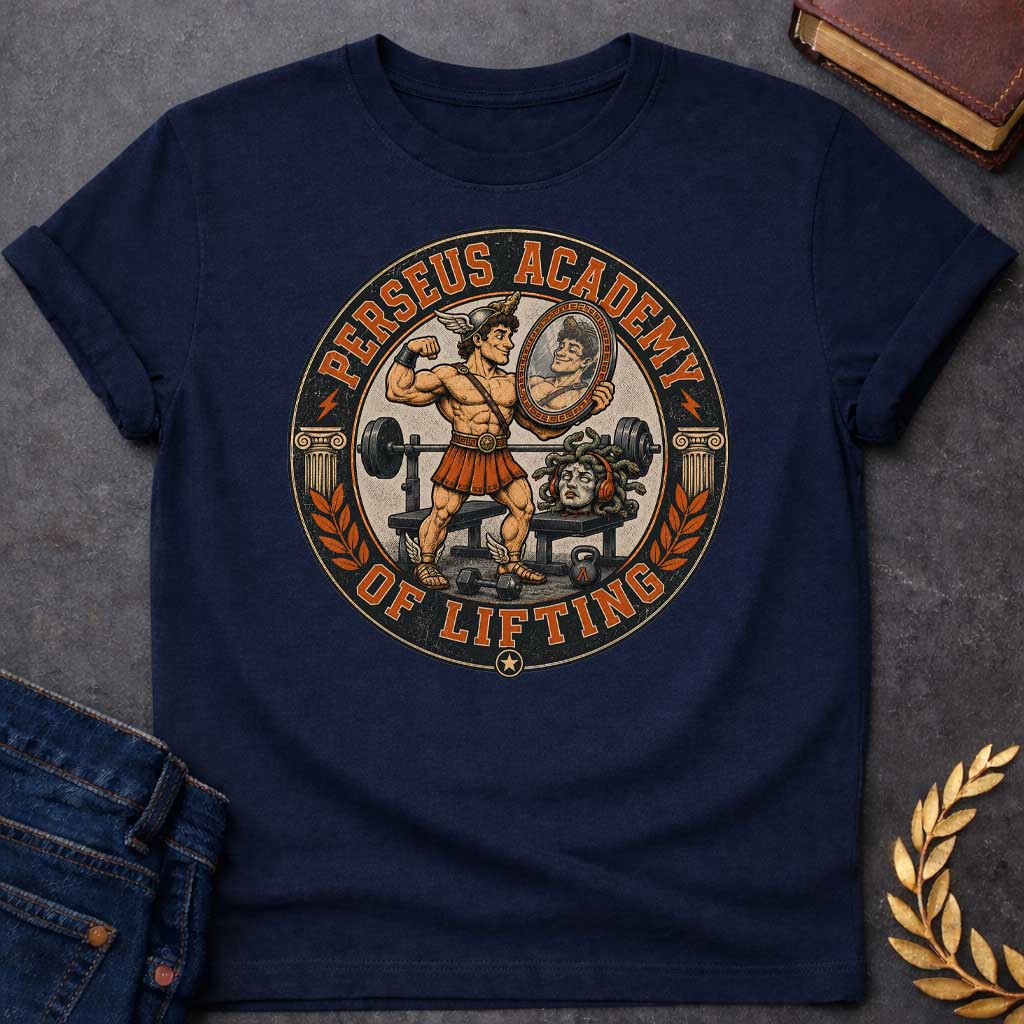 Navy T-shirt in vintage badge style: a winged-helmet Perseus flexes his bicep in a gym, admiring himself in a hand-held mirror, wearing a bronze breastplate, kilt, and winged sandals. Behind him sits a barbell bench, dumbbells, and a kettlebell. Medusa's severed head rests on a bench wearing orange headphones, snake hair coiled. Ionic columns and laurel branches frame the circular black-and-orange design.