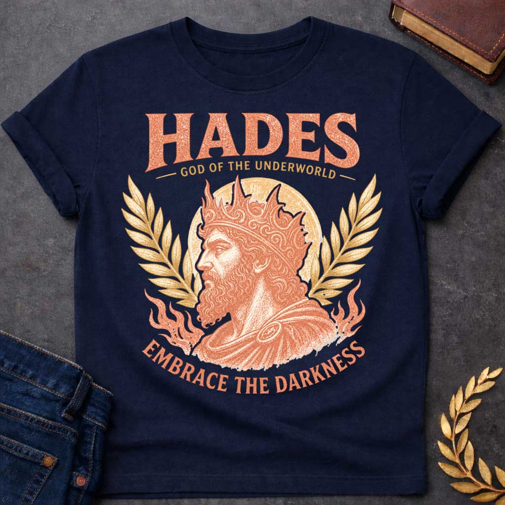 Navy t-shirt with a Vintage Greek mythology shirt featuring Hades, God of the Underworld, portrayed as a bearded king wearing an ornate crown. Distressed coral and gold artwork includes laurel branches, a glowing circular backdrop, underworld flames, and the bold text “Hades God of the Underworld” and “Embrace the Darkness.”