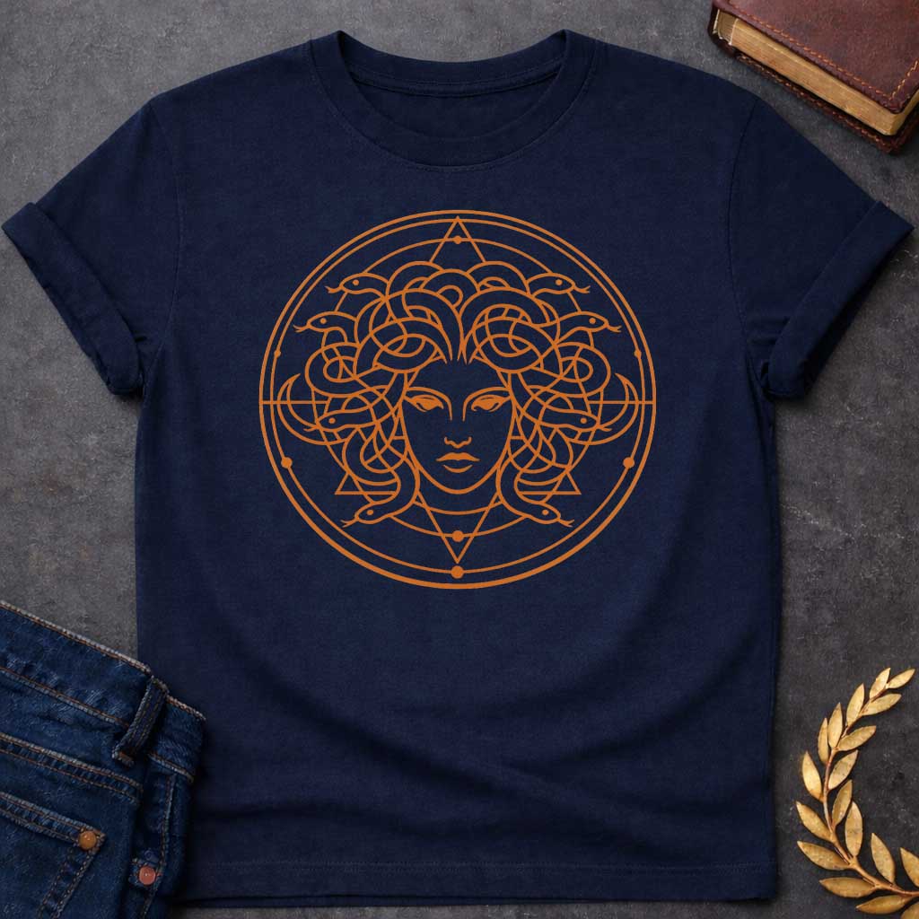 Medusa Minimalist Style Greek Mythology Adult Shirt featuring detailed Greek mythology artwork, symbolic design, and bold graphic style