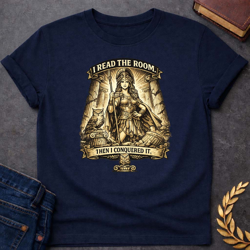 Athena I Read the Room Then I Conquered It Greek Mythology Youth T-Shirt featuring owl, laurel wreath, wisdom symbolism in vintage Greek mythology design