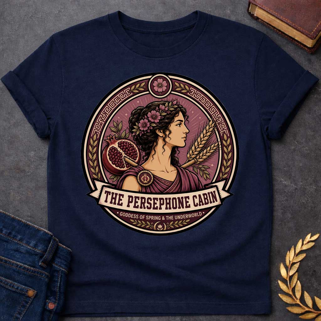 Navy t-shirt with a Persephone Greek mythology cabin design featuring the goddess of spring and the Underworld wearing a floral crown and purple robes, surrounded by blooming flowers, a split pomegranate, wheat stalks, laurel leaves, and Greek key patterns. Burgundy and cream circular emblem includes the text “The Persephone Cabin” and “Goddess of Spring & the Underworld,”