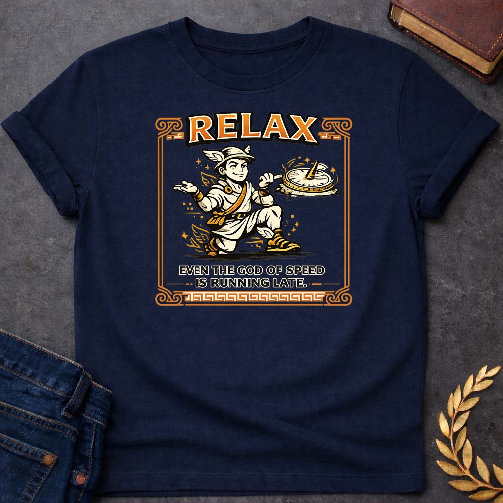Hermes Relax Even the God of Speed is Running Late Greek Mythology Youth T-Shirt featuring detailed Greek mythology artwork, symbolic design, and bold graphic style