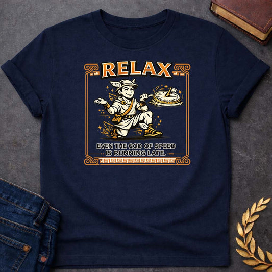 Hermes Relax Even the God of Speed is Running Late Greek Mythology Youth T-Shirt featuring detailed Greek mythology artwork, symbolic design, and bold graphic style