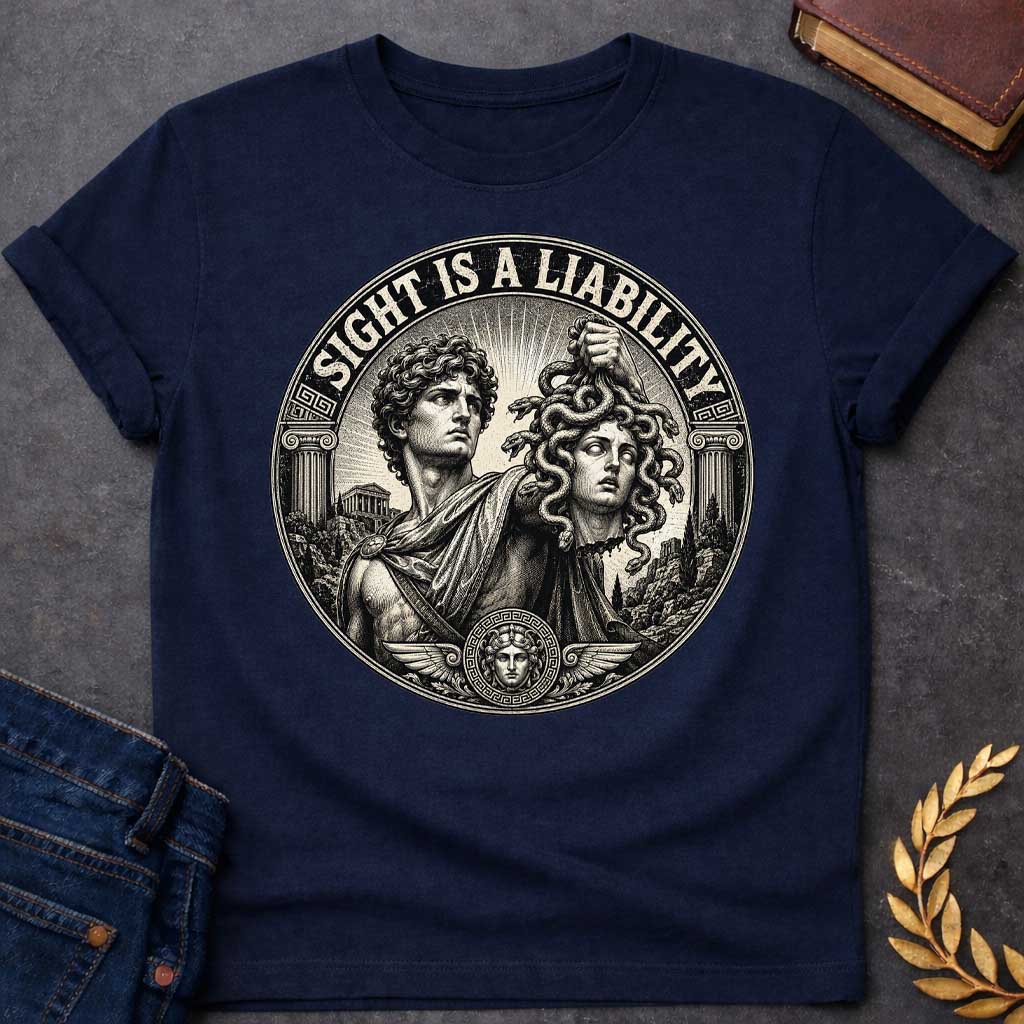 Navy t-shirt in etched engraving style: Perseus, curly-haired and draped in robes, holds Medusa's severed snake-haired head aloft against radiating sunburst rays. Ionic columns, ancient temples, and a small Medusa medallion with wings frame the circular black-and-cream design. Bold arched text reads the title above.