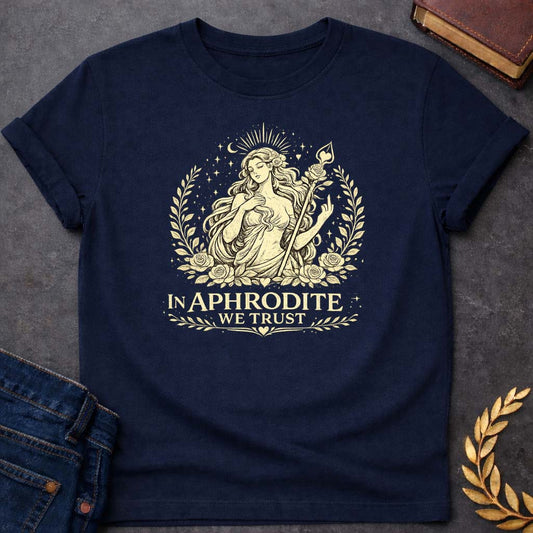 in aphrodite we trust greek mythology youth heavy cotton™ tee featuring detailed Greek mythology artwork, symbolic design, and bold graphic style
