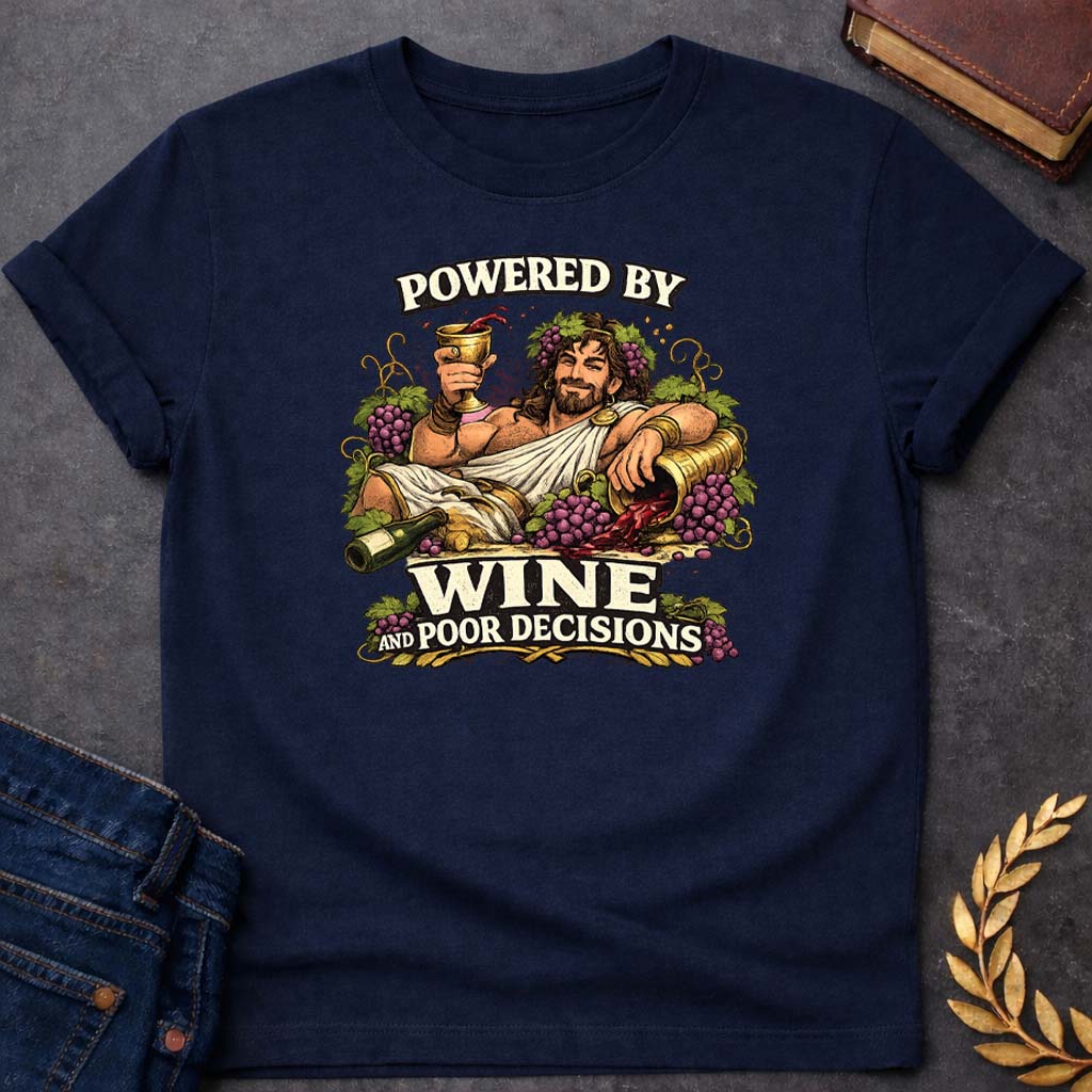 Dionysus Powered By Wine And Poor Decisions Greek Mythology Adult T-Shirt featuring detailed Greek mythology artwork, symbolic design, and bold graphic style