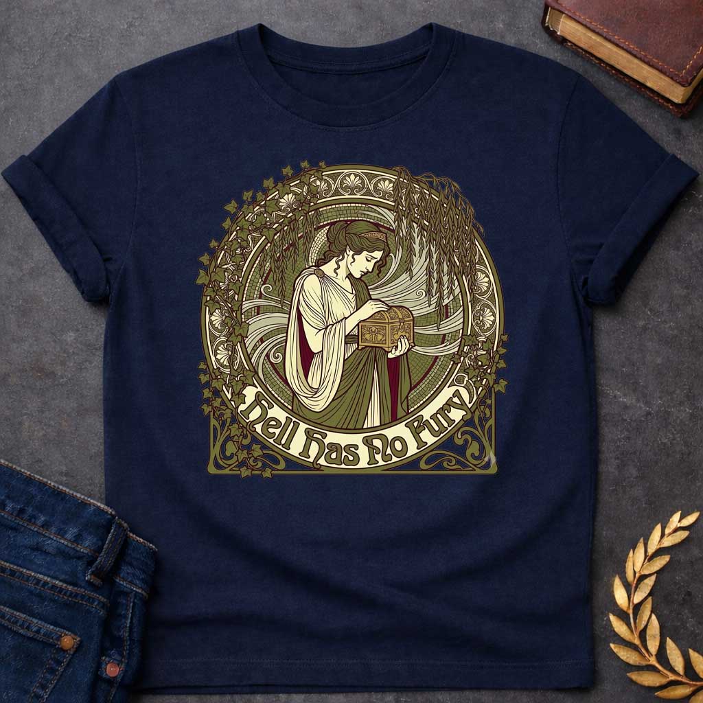 Navy T-shirt with an Art Nouveau illustration of a classical woman in flowing cream and burgundy robes holding an ornate decorative box, surrounded by intricate ivy vines and architectural flourishes. Green, cream, and burgundy palette with elaborate frame. Text reads 'Hell Has No Fury.' References Medea's legendary wrath and the famous quote about a woman scorned. Celebrates the fierce power of feminine rage and vengeance in Greek mythology.