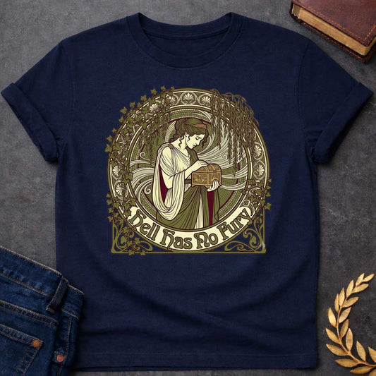 Navy T-shirt with an Art Nouveau illustration of a classical woman in flowing cream and burgundy robes holding an ornate decorative box, surrounded by intricate ivy vines and architectural flourishes. Green, cream, and burgundy palette with elaborate frame. Text reads 'Hell Has No Fury.' References Medea's legendary wrath and the famous quote about a woman scorned. Celebrates the fierce power of feminine rage and vengeance in Greek mythology.