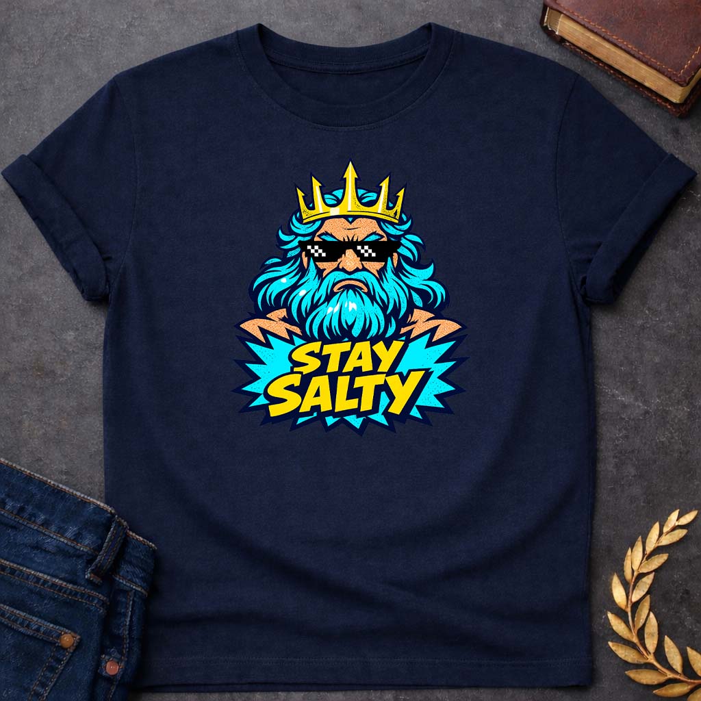 Poseidon Stay Salty Greek Mythology Youth T-Shirt featuring trident, ocean waves, sea god symbolism in Greek mythology design