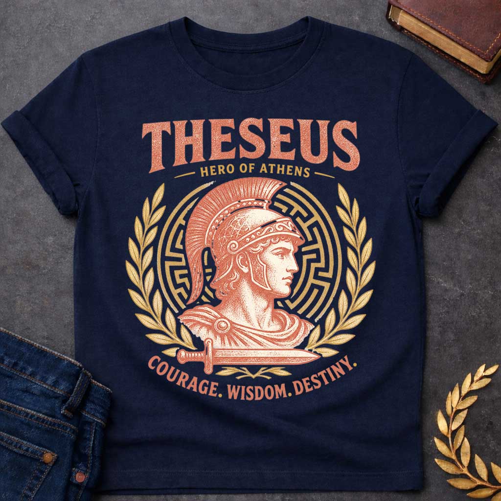 Navy t-shirt with a Vintage Theseus Greek mythology shirt design featuring the Hero of Athens in a crested warrior helmet, framed by a Greek labyrinth, golden laurel branches, and a sword. Distressed terracotta and gold artwork includes the text “Theseus,” “Hero of Athens,” and “Courage. Wisdom. Destiny.” inspired by the legendary hero of the Minotaur myth.