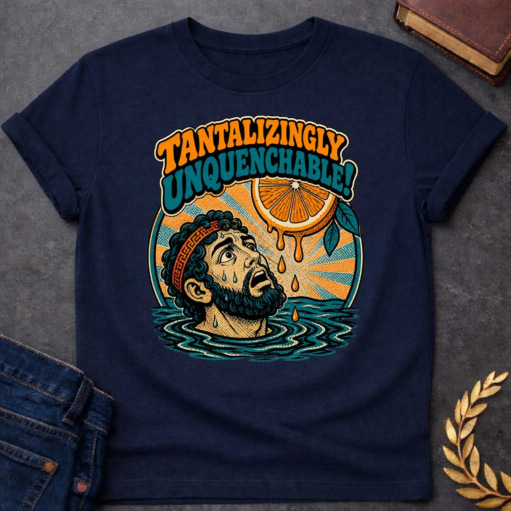 Navy t-shirt with a retro pop-art design inspired by the myth of Tantalus. Inside a circular badge with a sunburst background, a sweating Greek man submerged to his neck in water looks up in desperation at a juicy orange slice dangling just out of reach with dripping juice droplets. Playful 70s-style bubble lettering arched above reads "TANTALIZINGLY UNQUENCHABLE!" in bold orange and teal fonts.