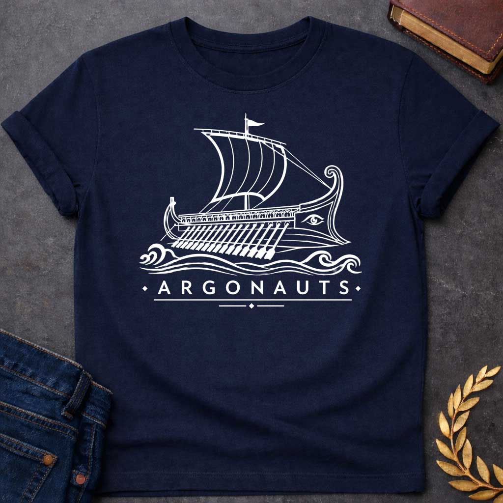 Navy T-shirt with A Classical line art rendering of the legendary Argo in navy blue. The Greek ship features billowing sails above a detailed hull with visible oars. Ornate bow and stern decorations frame a protective eye symbol on the hull. Decorative waves flow beneath. Text reads 'Argonauts' with diamond accents. Celebrates the heroic quest of Jason and his crew seeking the golden fleece in ancient Greek mythology.