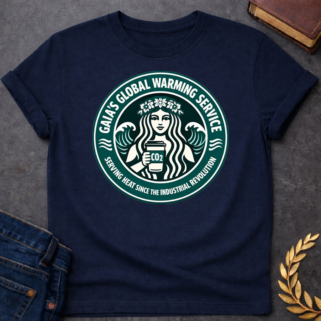 Gaia Global Warming Service Greek Mythology Adult Shirt featuring detailed Greek mythology artwork, symbolic design, and bold graphic style