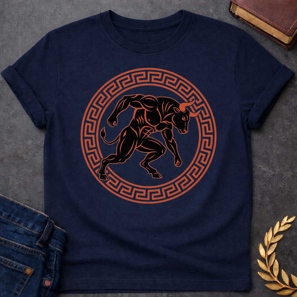Navy T-shirt with A minimalist, athletic-style t-shirt graphic.  At the center is a highly muscular, black silhouette of a charging Minotaur with orange-red highlights and sharp horns. The dynamic creature is enclosed within a circular frame decorated with a classic terracotta-colored ancient Greek key (meander) pattern, creating a bold, timeless emblem design for apparel.
