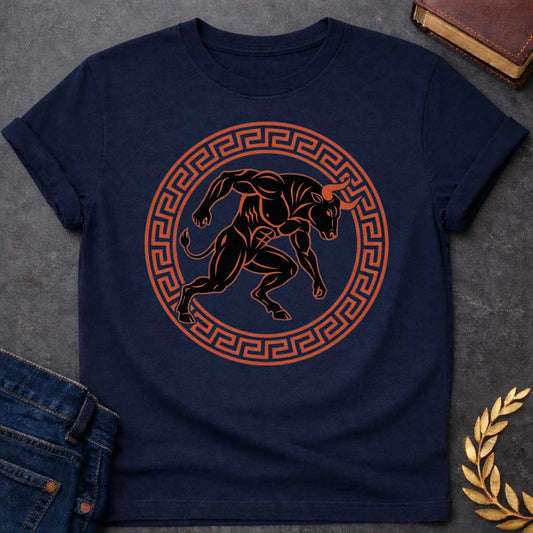 Navy T-shirt with A minimalist, athletic-style t-shirt graphic.  At the center is a highly muscular, black silhouette of a charging Minotaur with orange-red highlights and sharp horns. The dynamic creature is enclosed within a circular frame decorated with a classic terracotta-colored ancient Greek key (meander) pattern, creating a bold, timeless emblem design for apparel.
