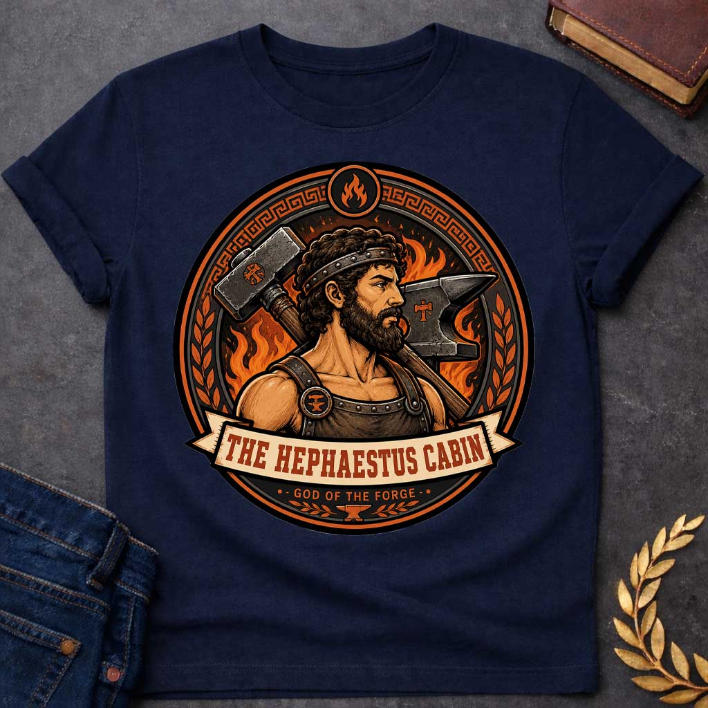 Navy t-shirt with a Hephaestus Greek mythology cabin design featuring the bearded god of the forge carrying a large hammer, with an anvil and blazing flames behind him. Bold orange, black, and bronze circular emblem includes Greek key and laurel details with the text “The Hephaestus Cabin” and “God of the Forge,”