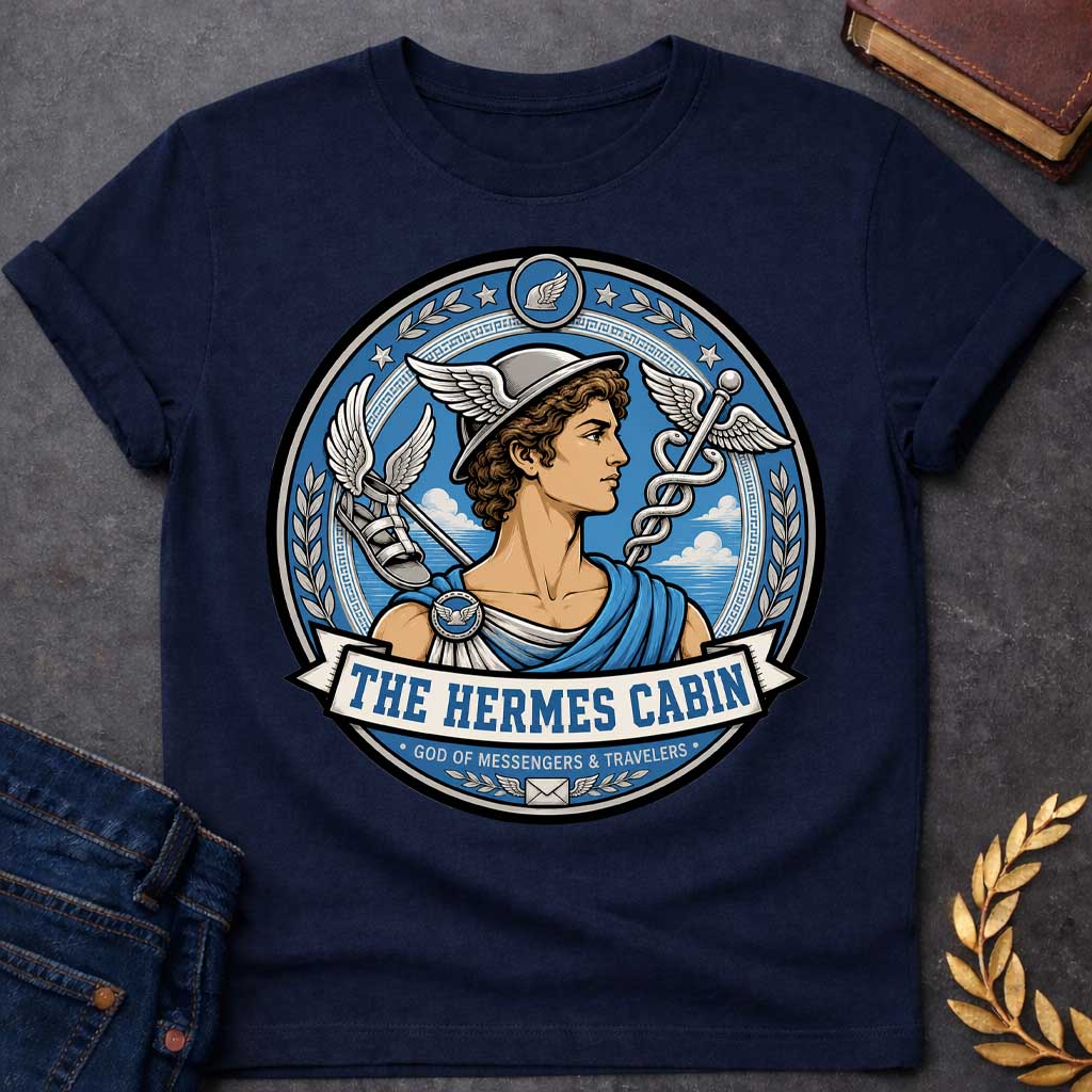Navy t-shirt with a Hermes Greek mythology cabin design featuring the messenger god wearing his iconic winged helmet, surrounded by winged sandals, a caduceus, laurel branches, stars, and clouds. Blue, silver, and cream circular emblem includes the text “The Hermes Cabin” and “God of Messengers & Travelers,”